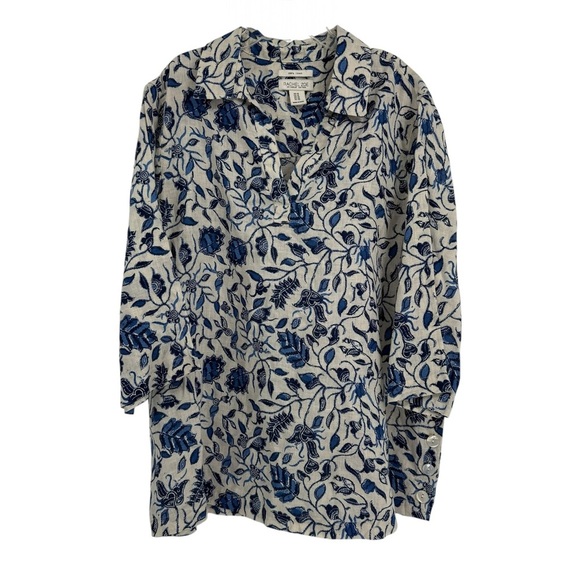 Rachel Zoe Size 1X Women’s 100% Linen Cream Blue Floral Popover Tunic Blouse - Picture 1 of 9